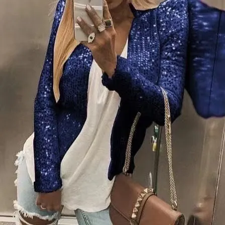 Short casual slim fit sequin coat for women in 50cm length with regular sleeves