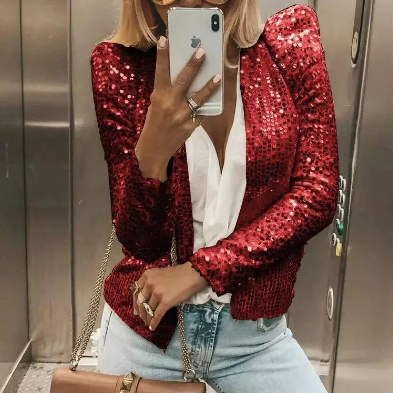 Short casual slim fit sequin coat for women in 50cm length with regular sleeves