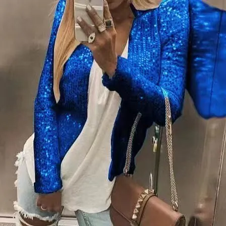 Short casual slim fit sequin coat for women in 50cm length with regular sleeves