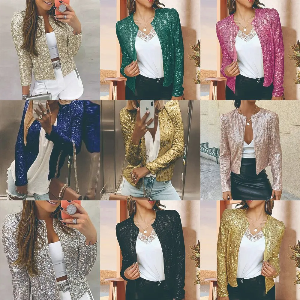 Short casual slim fit sequin coat for women in 50cm length with regular sleeves