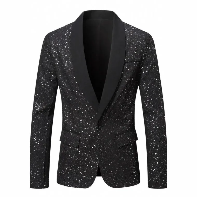Men's black shiny polyester blazer with straight hem, long sleeves, regular fit, formalwear for weddings and banquets
