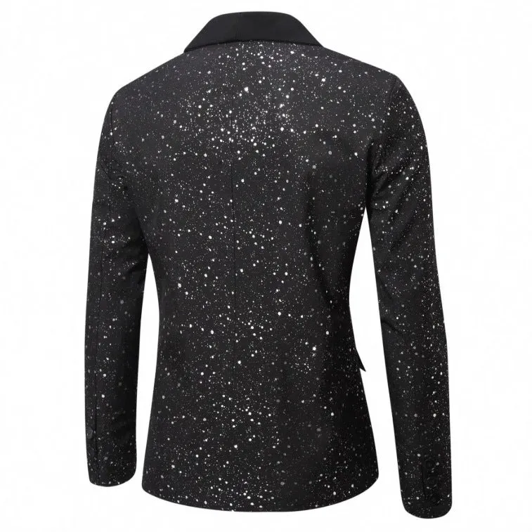 Men's black shiny polyester blazer with straight hem, long sleeves, regular fit, formalwear for weddings and banquets
