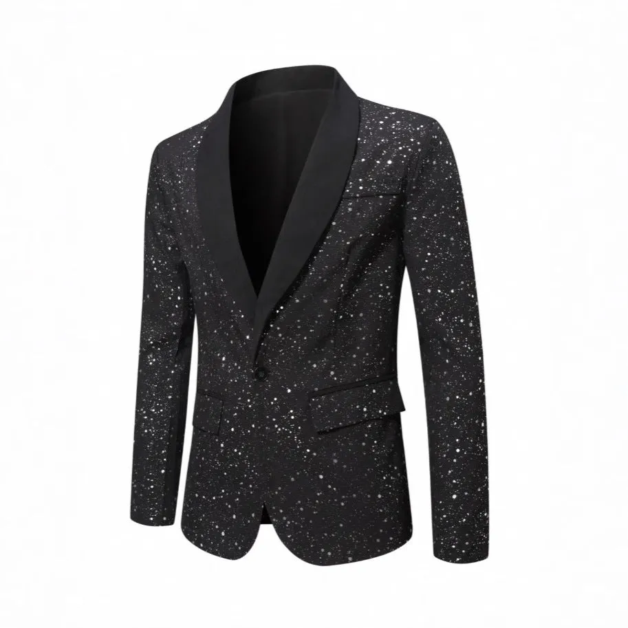 Men's black shiny polyester blazer with straight hem, long sleeves, regular fit, formalwear for weddings and banquets