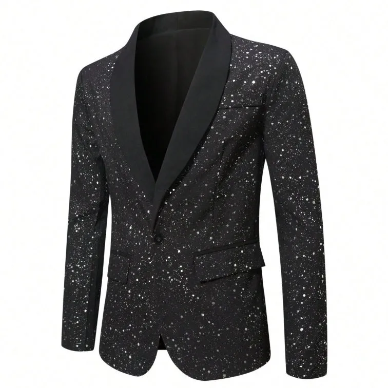 Men's black shiny polyester blazer with straight hem, long sleeves, regular fit, formalwear for weddings and banquets