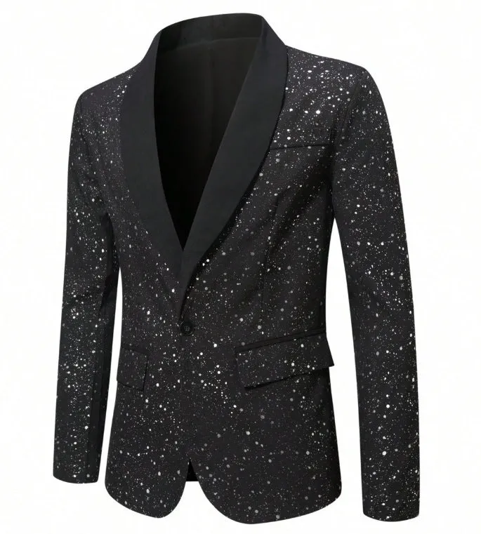 Men's black shiny polyester blazer with straight hem, long sleeves, regular fit, formalwear for weddings and banquets