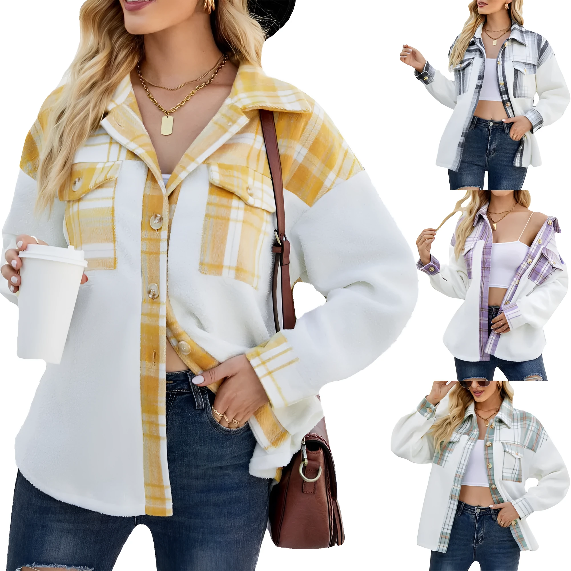 Women's purple loose fit lamb wool long sleeve woolen coat with contrast pocket stitching
