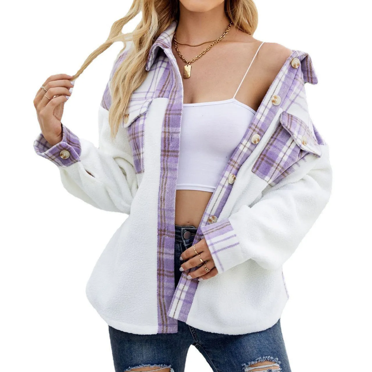 Women's purple loose fit lamb wool long sleeve woolen coat with contrast pocket stitching