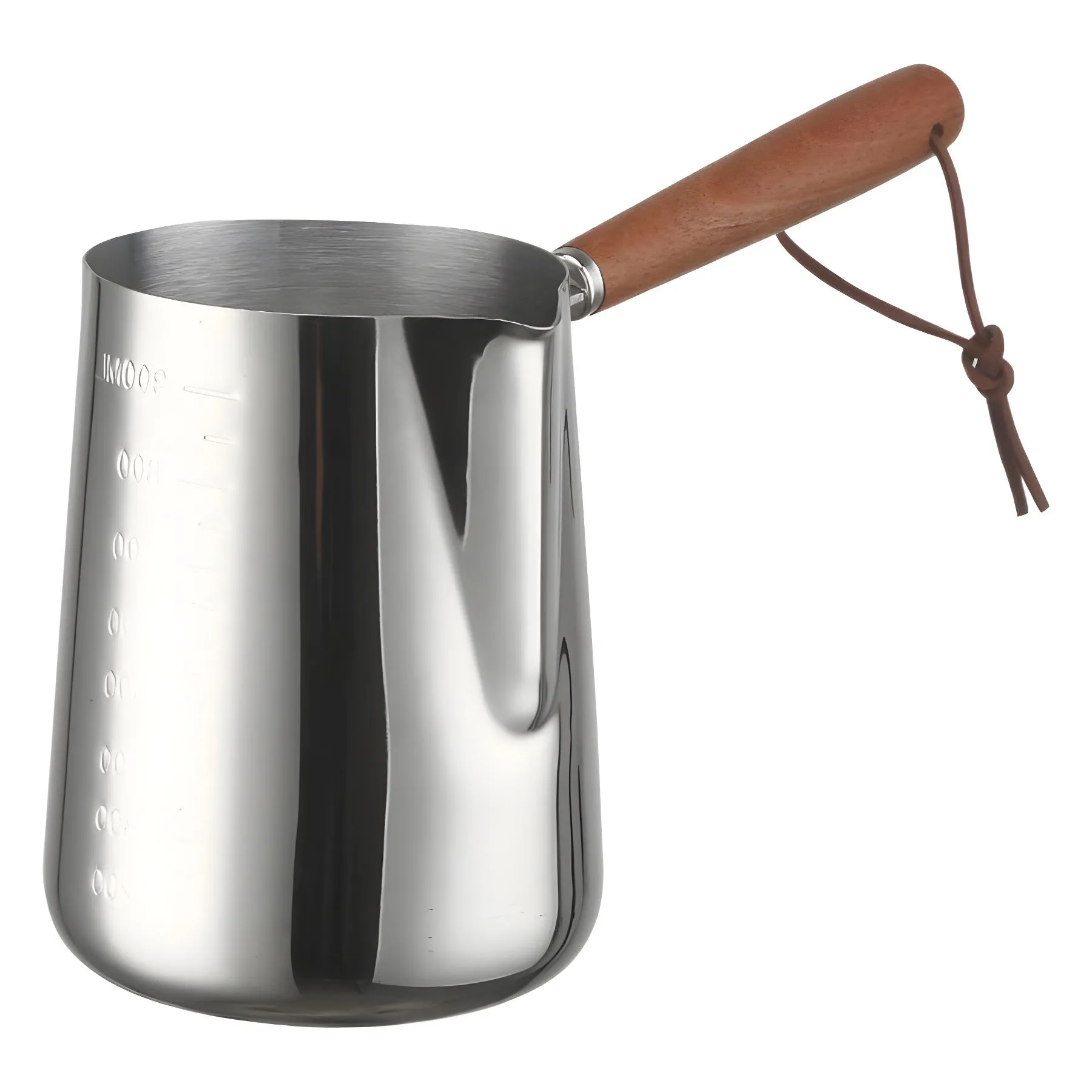Stainless steel coffee milk jug with a scaled wooden handle shown in a simple solid colour.