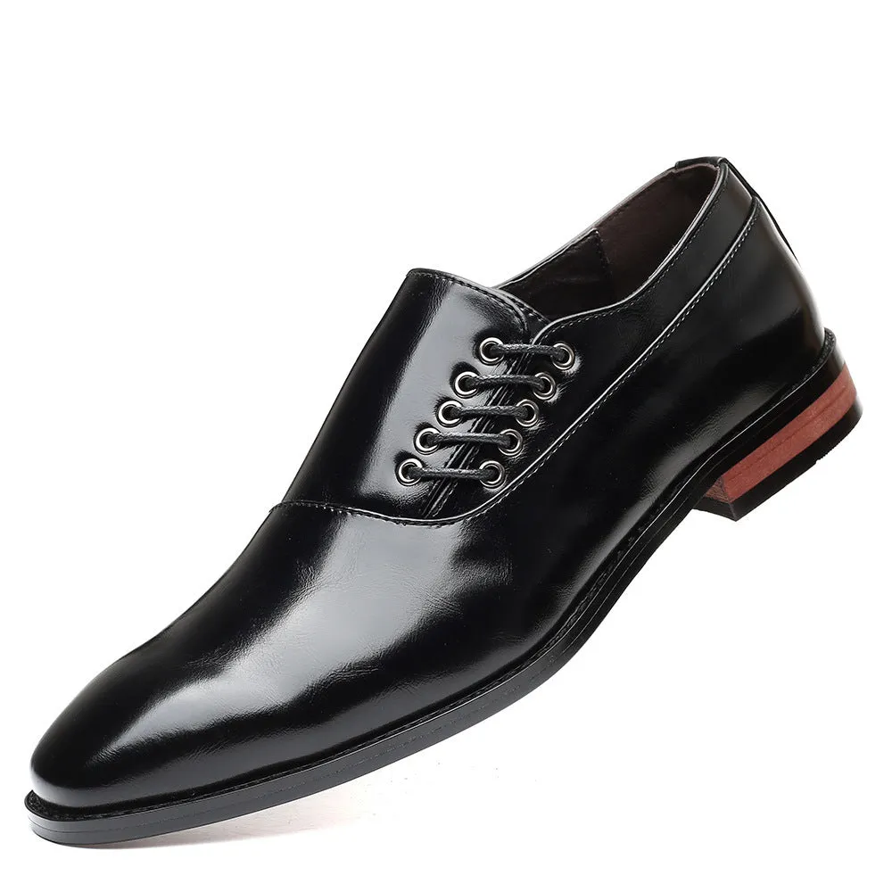 Japanese square toe large size men's lace-up shoes in black with leather stitching and rubber sole