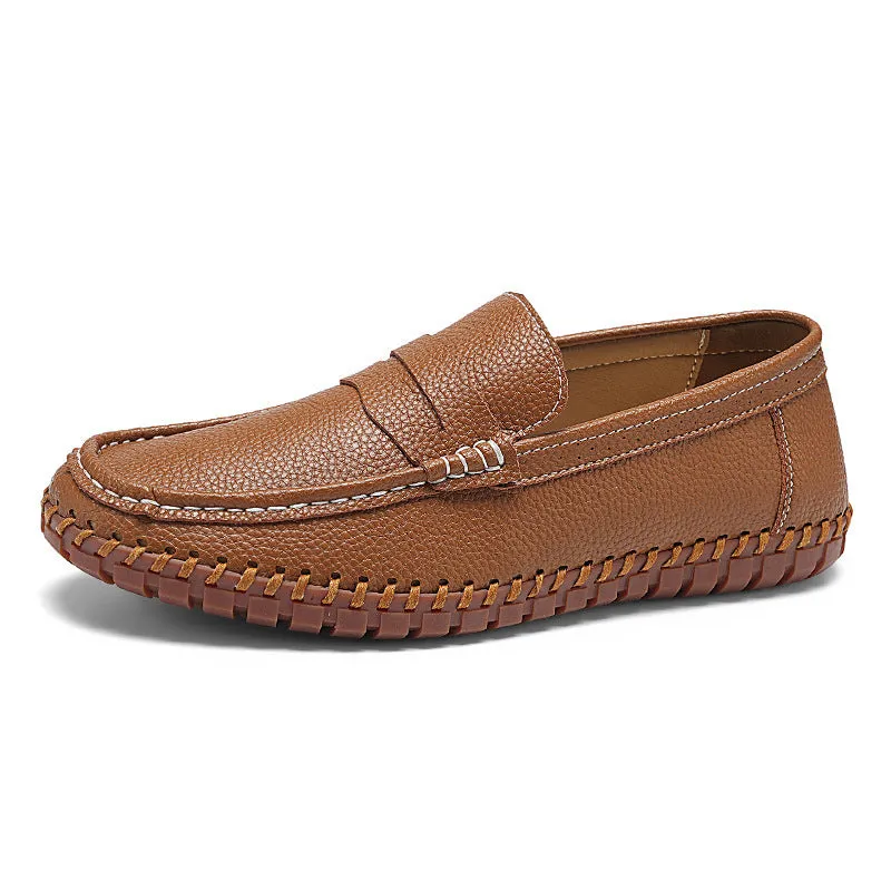 Men's hand-stitched lazy slip-on casual leather shoes with first layer cowhide upper, rubber sole, square heel, in black colour option