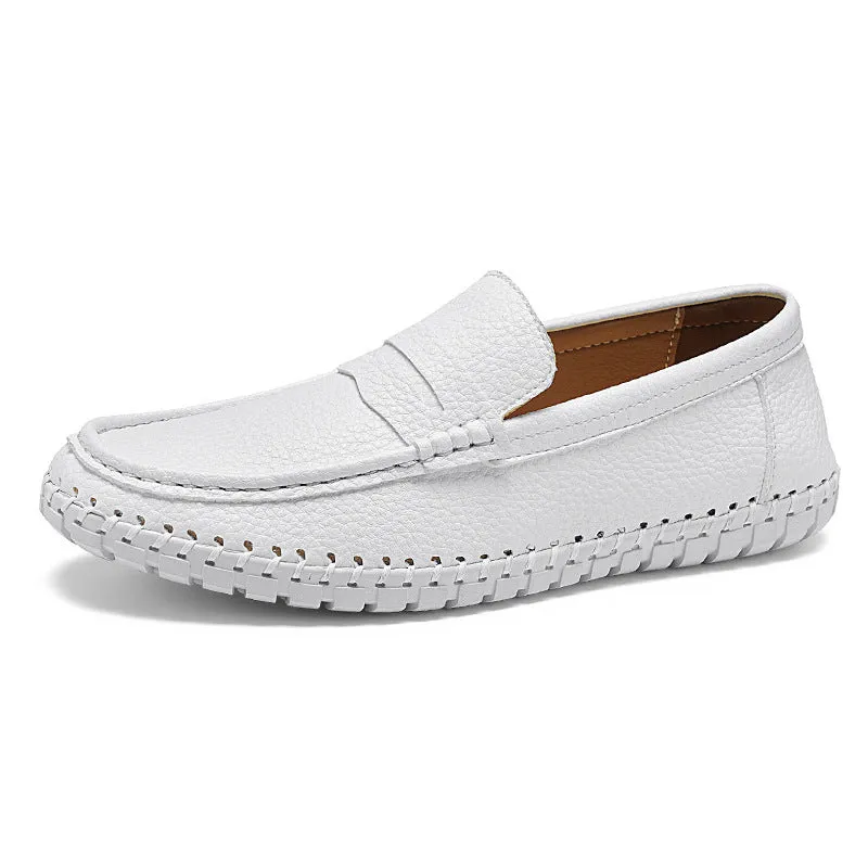 Men's hand-stitched lazy slip-on casual leather shoes with first layer cowhide upper, rubber sole, square heel, in black colour option