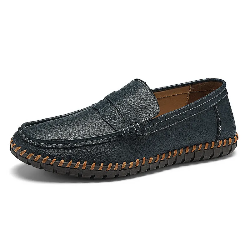 Men's hand-stitched lazy slip-on casual leather shoes with first layer cowhide upper, rubber sole, square heel, in black colour option