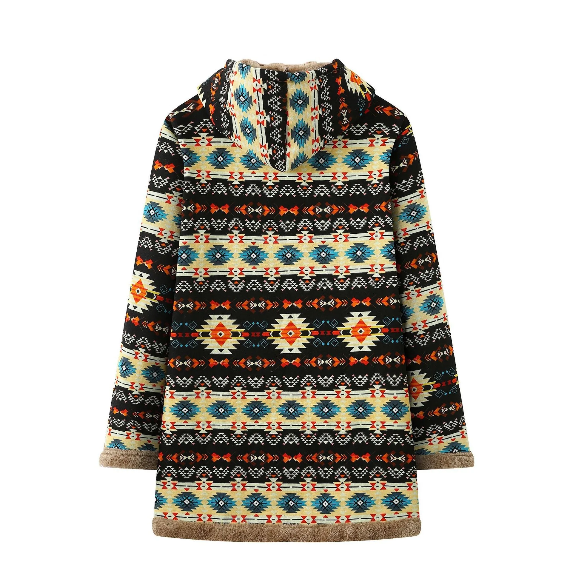 Printed hooded warm plush long sleeve coat in black, loose fit, front view