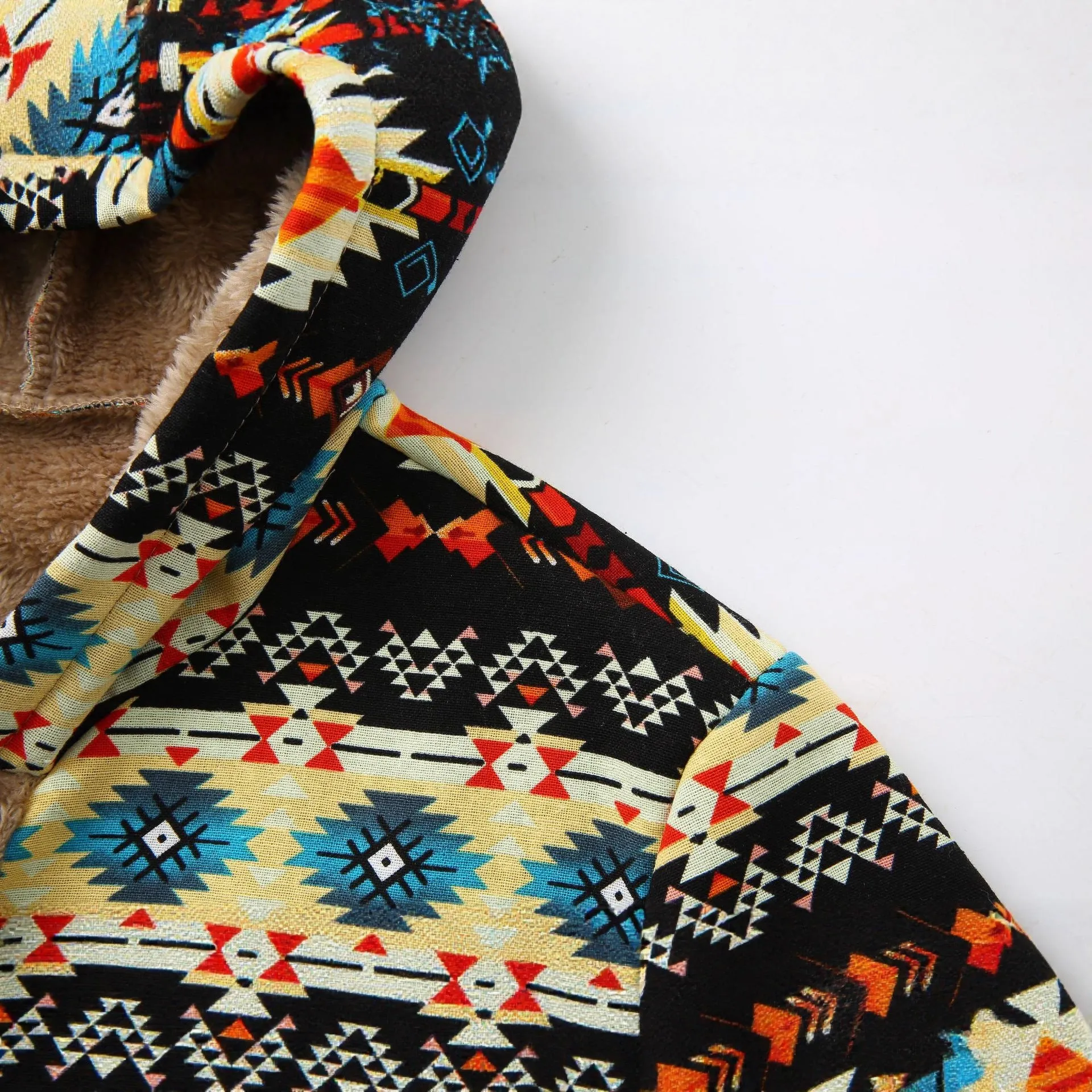 Printed hooded warm plush long sleeve coat in black, loose fit, front view