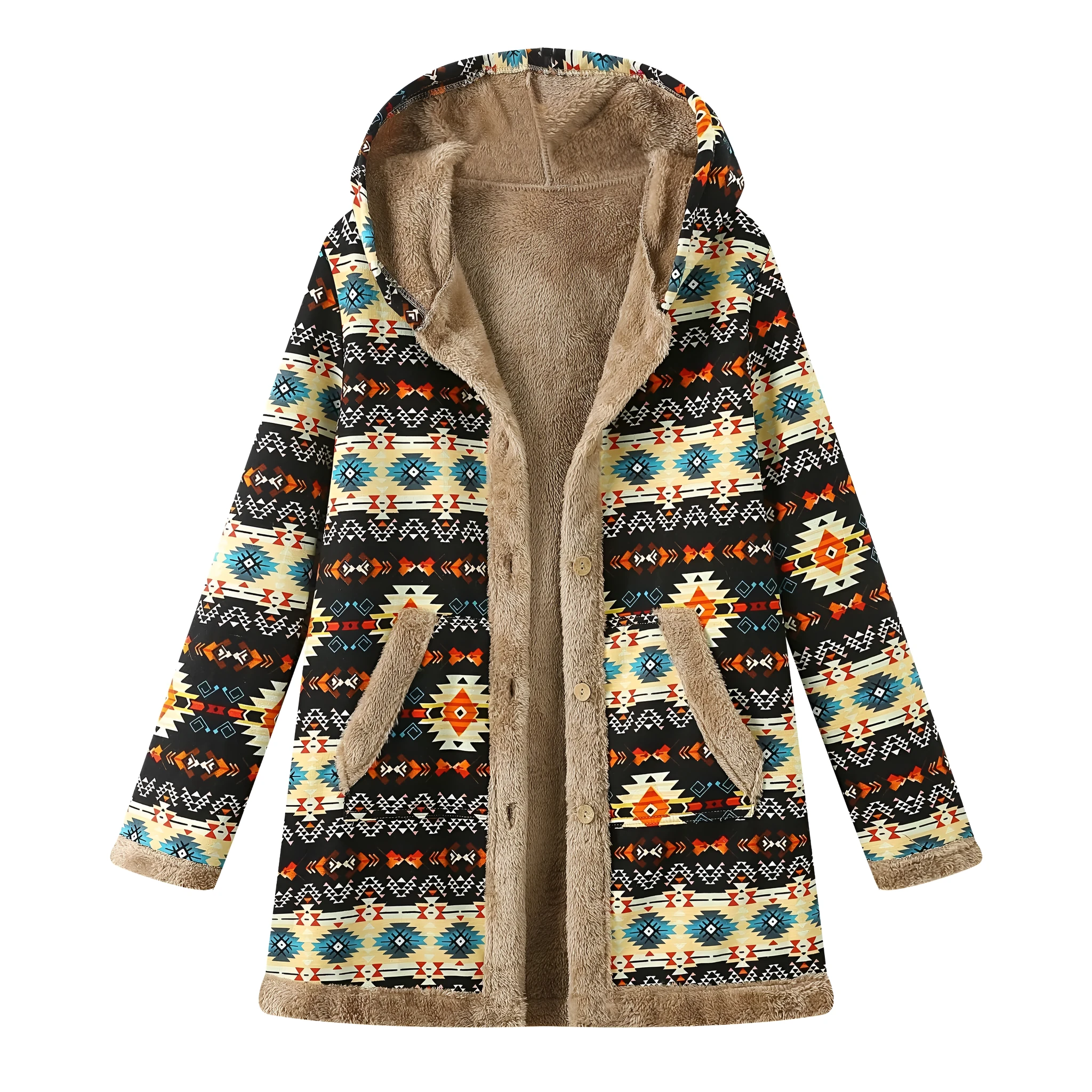 Printed hooded warm plush long sleeve coat in black, loose fit, front view