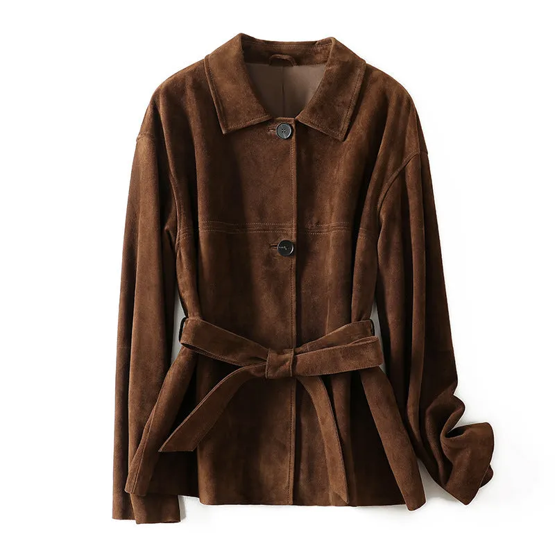 Loose retro-style caramel mocha cashmere coat with Peter Pan collar and leather stitching details