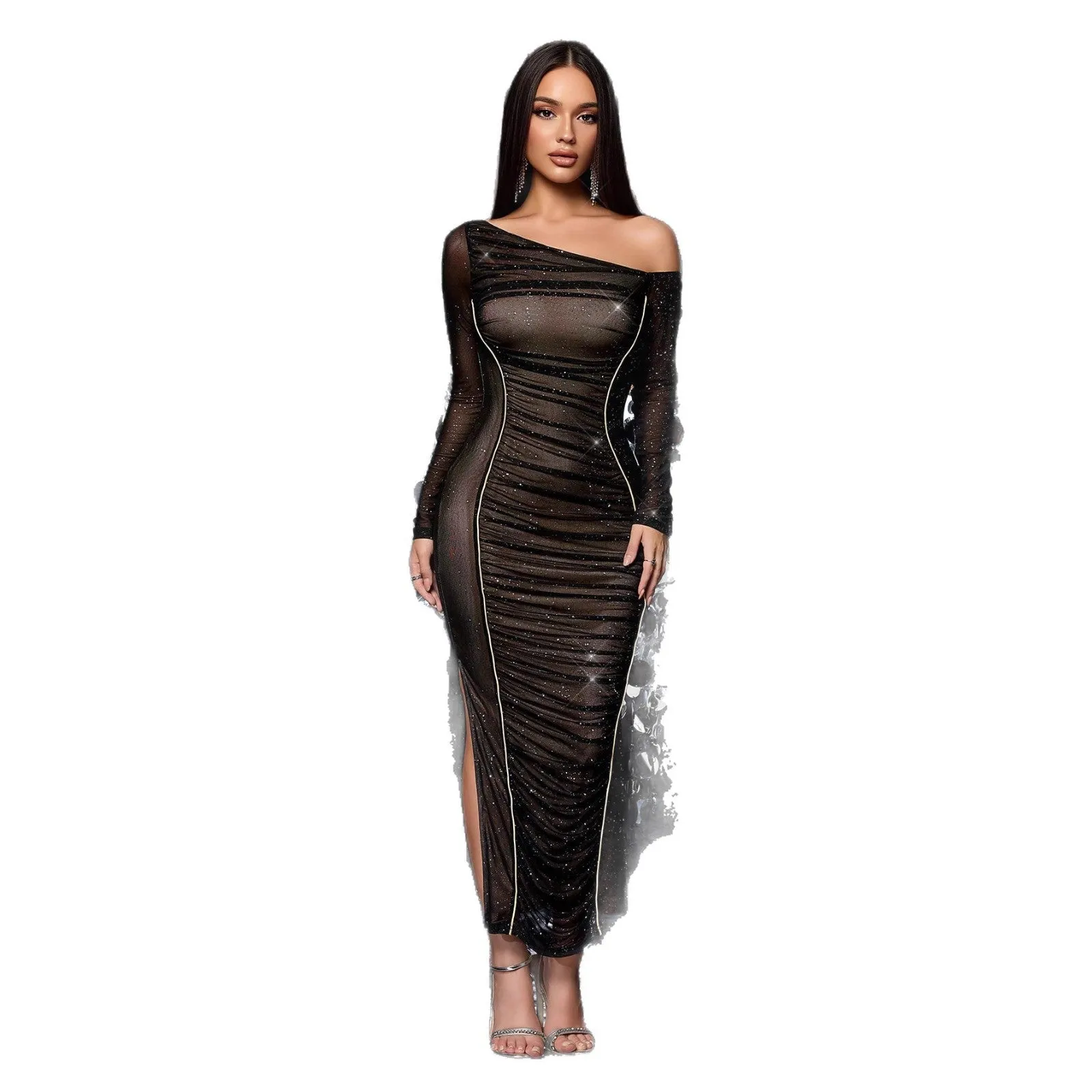 Black polyester mesh long sleeve oblique shoulder drape dress with grid pattern, slim fit for evening social events