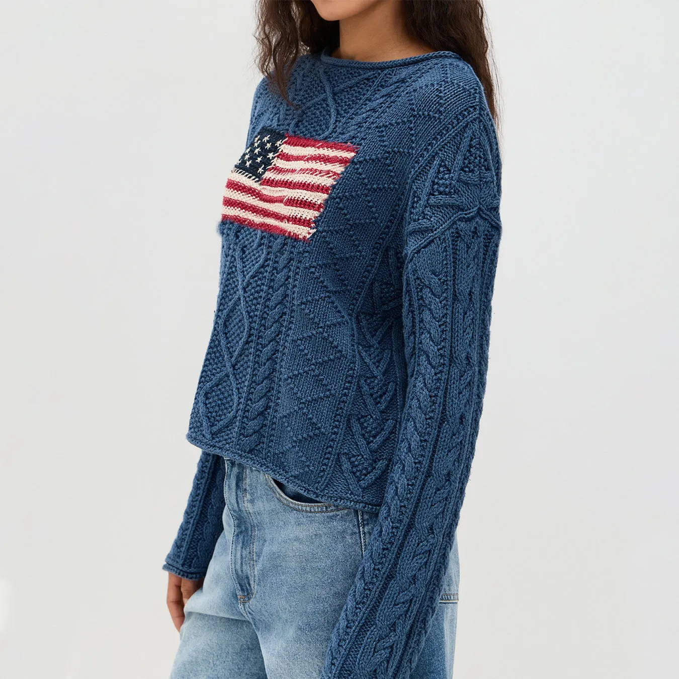 Women's navy blue lazy sense top with national flag pattern, long sleeve pullover style in acrylic fibre