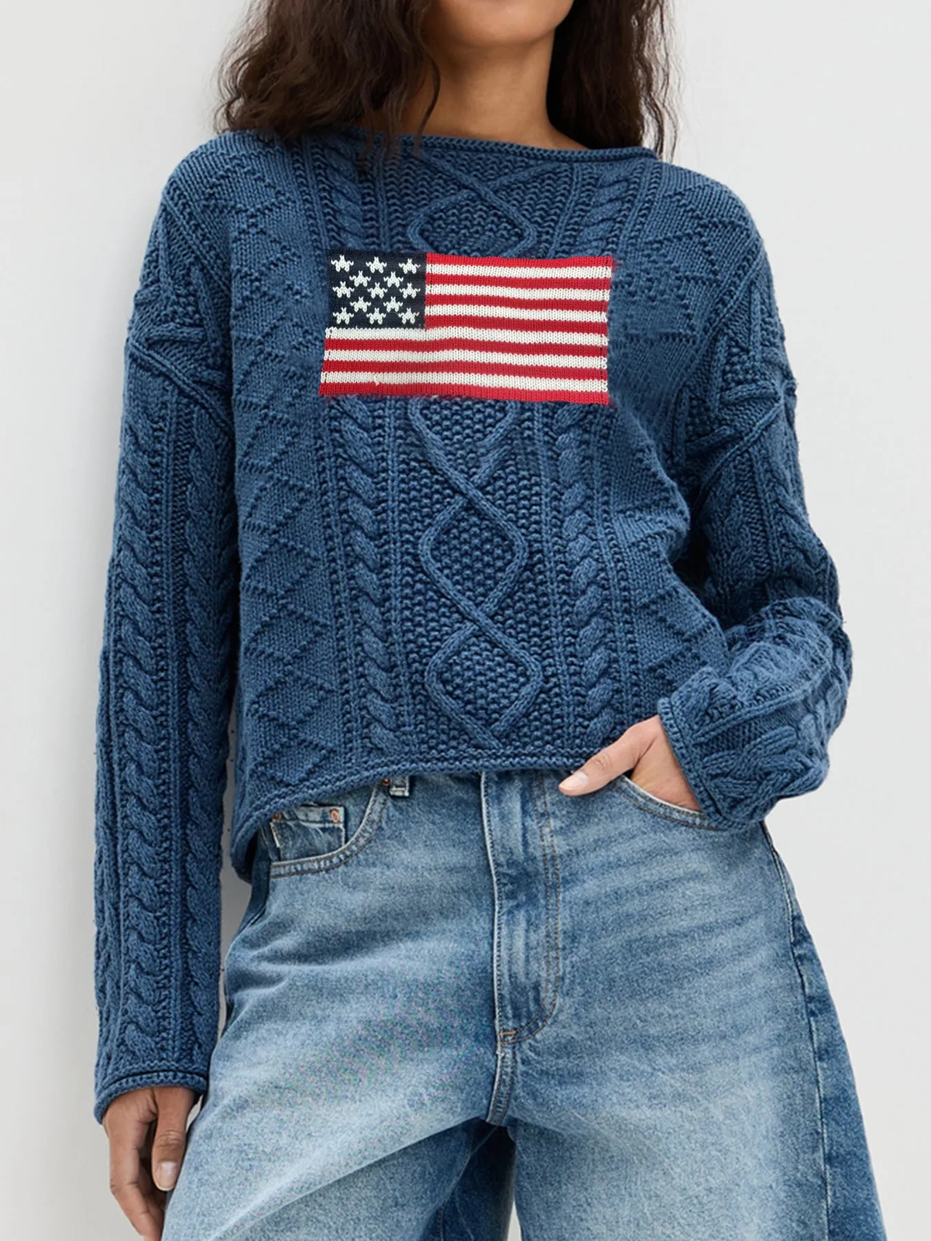 Women's navy blue lazy sense top with national flag pattern, long sleeve pullover style in acrylic fibre