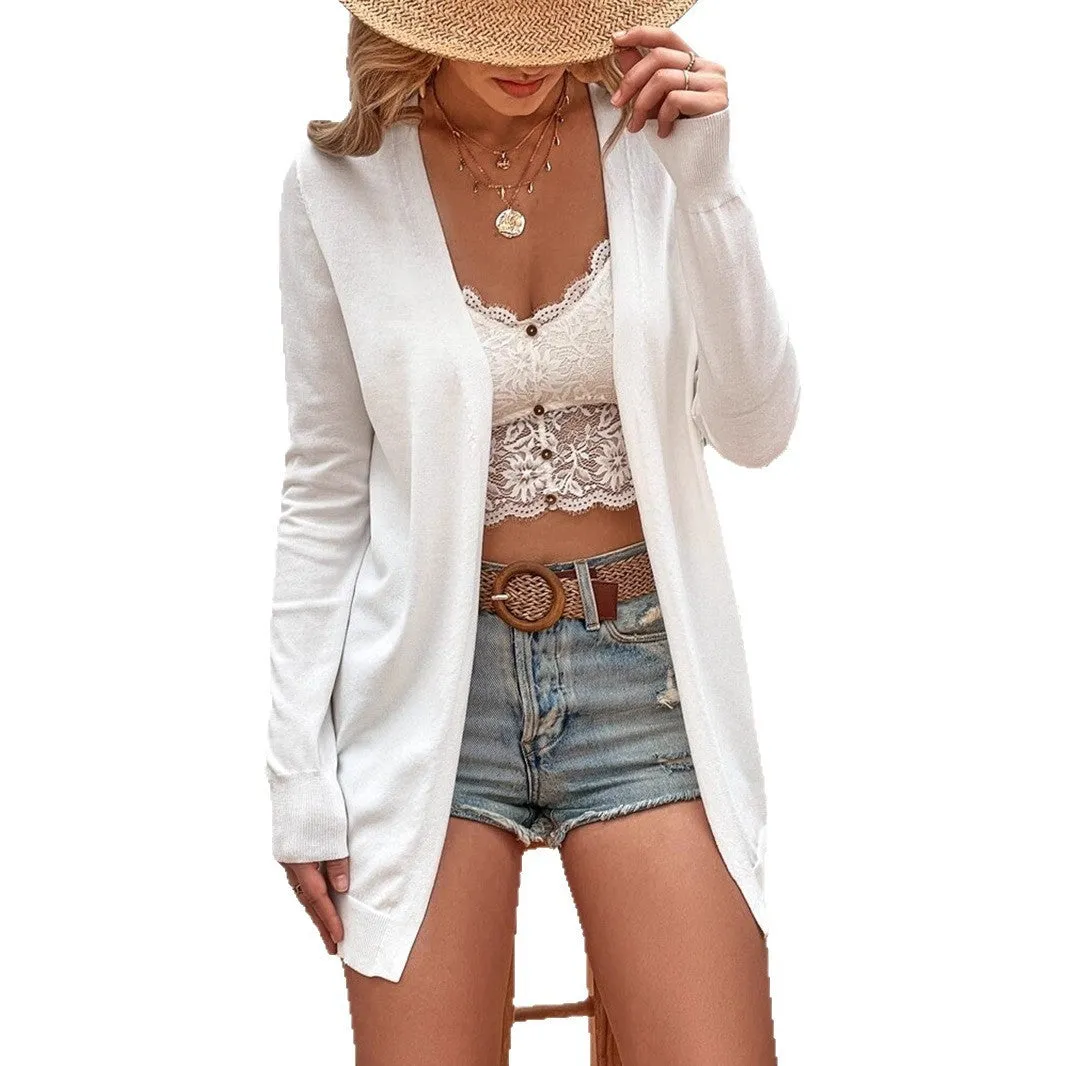 Autumn women's knitted viscose fibre coat white long sleeve cardigan regular sleeve