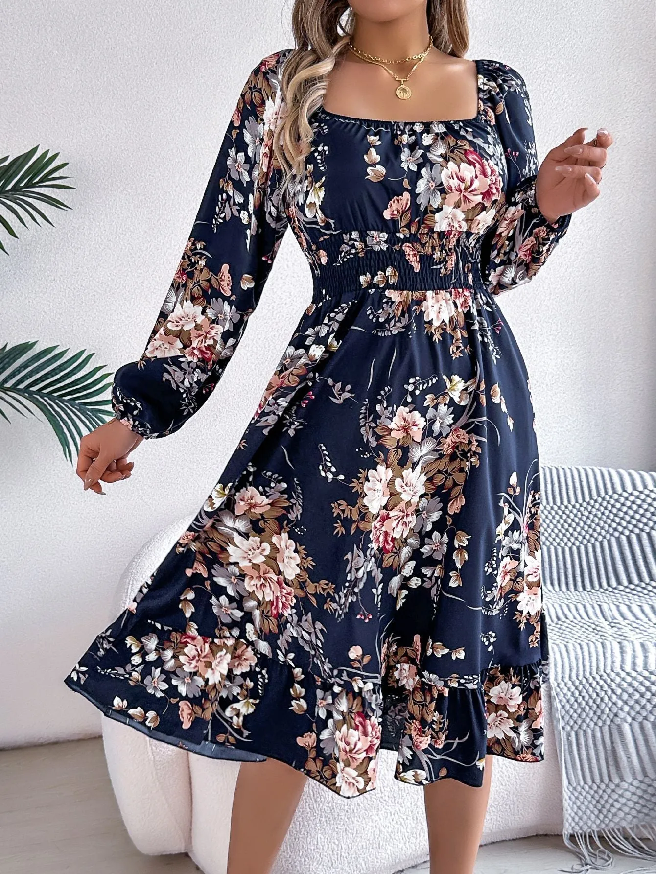 Square collar long sleeve A-line midi dress with ruffles, waist trimming, stretch polyester fabric, brown colour, front view