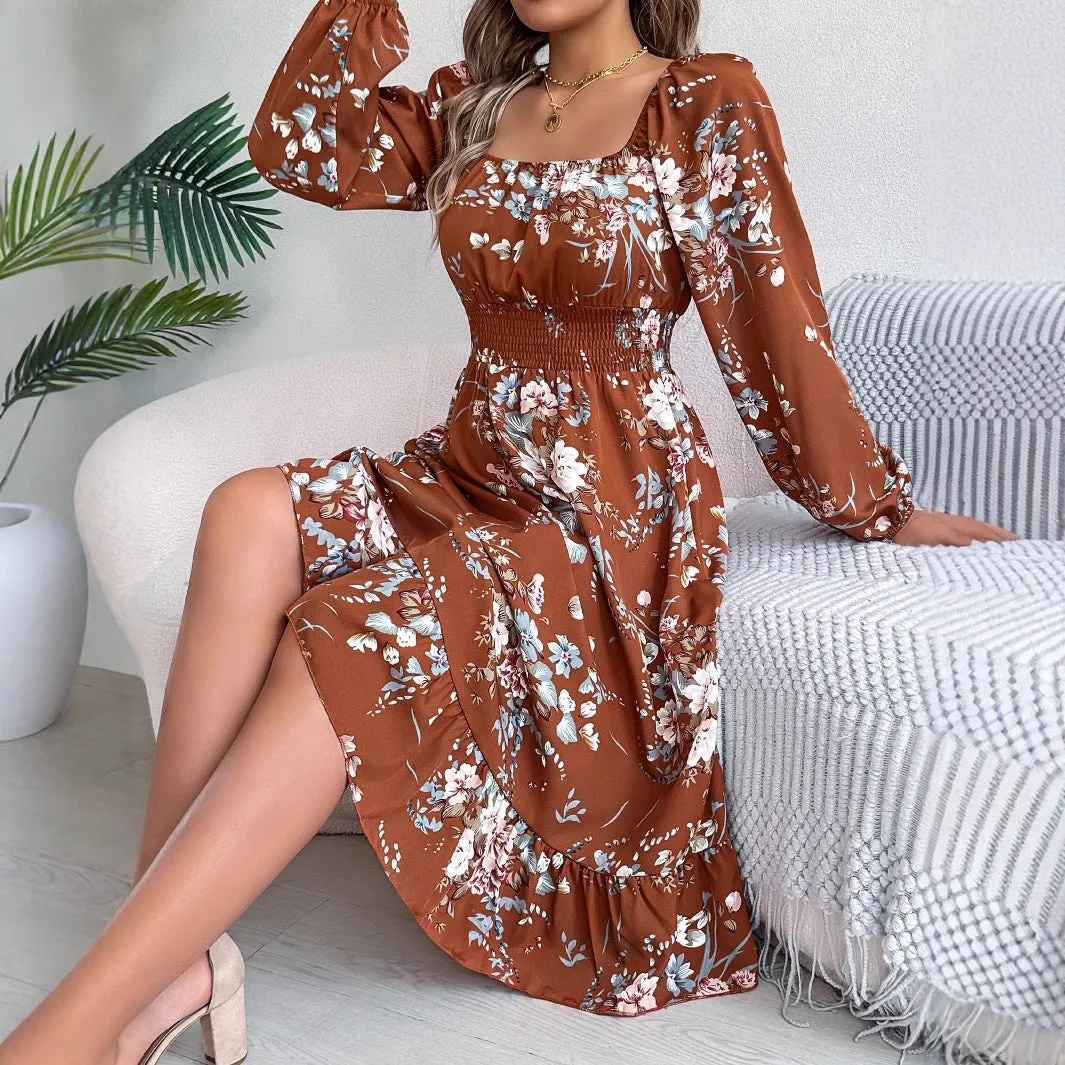 Square collar long sleeve A-line midi dress with ruffles, waist trimming, stretch polyester fabric, brown colour, front view