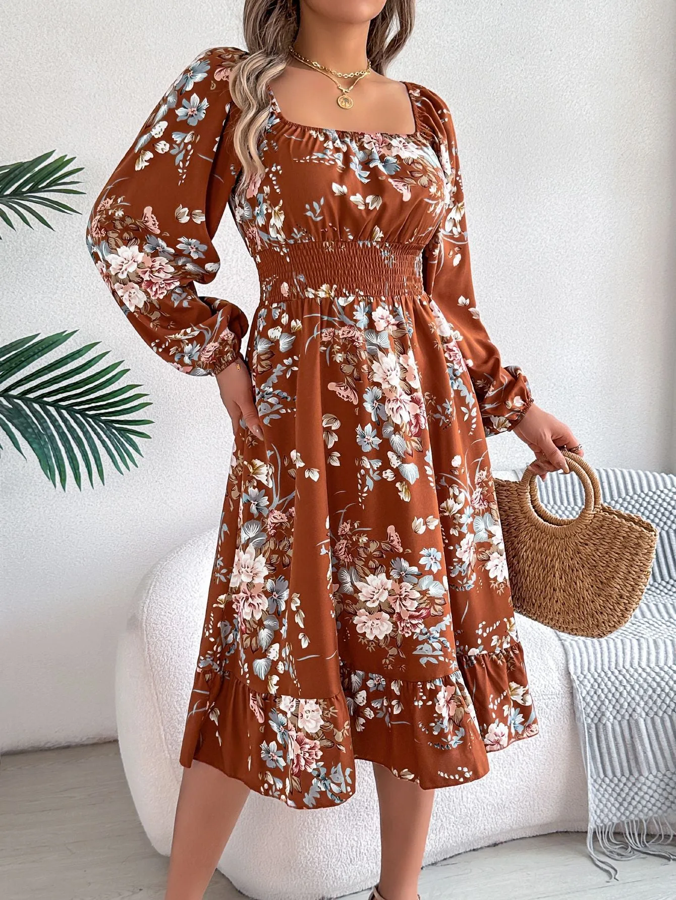 Square collar long sleeve A-line midi dress with ruffles, waist trimming, stretch polyester fabric, brown colour, front view