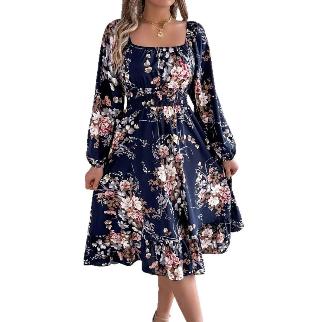 Square collar long sleeve A-line midi dress with ruffles, waist trimming, stretch polyester fabric, brown colour, front view