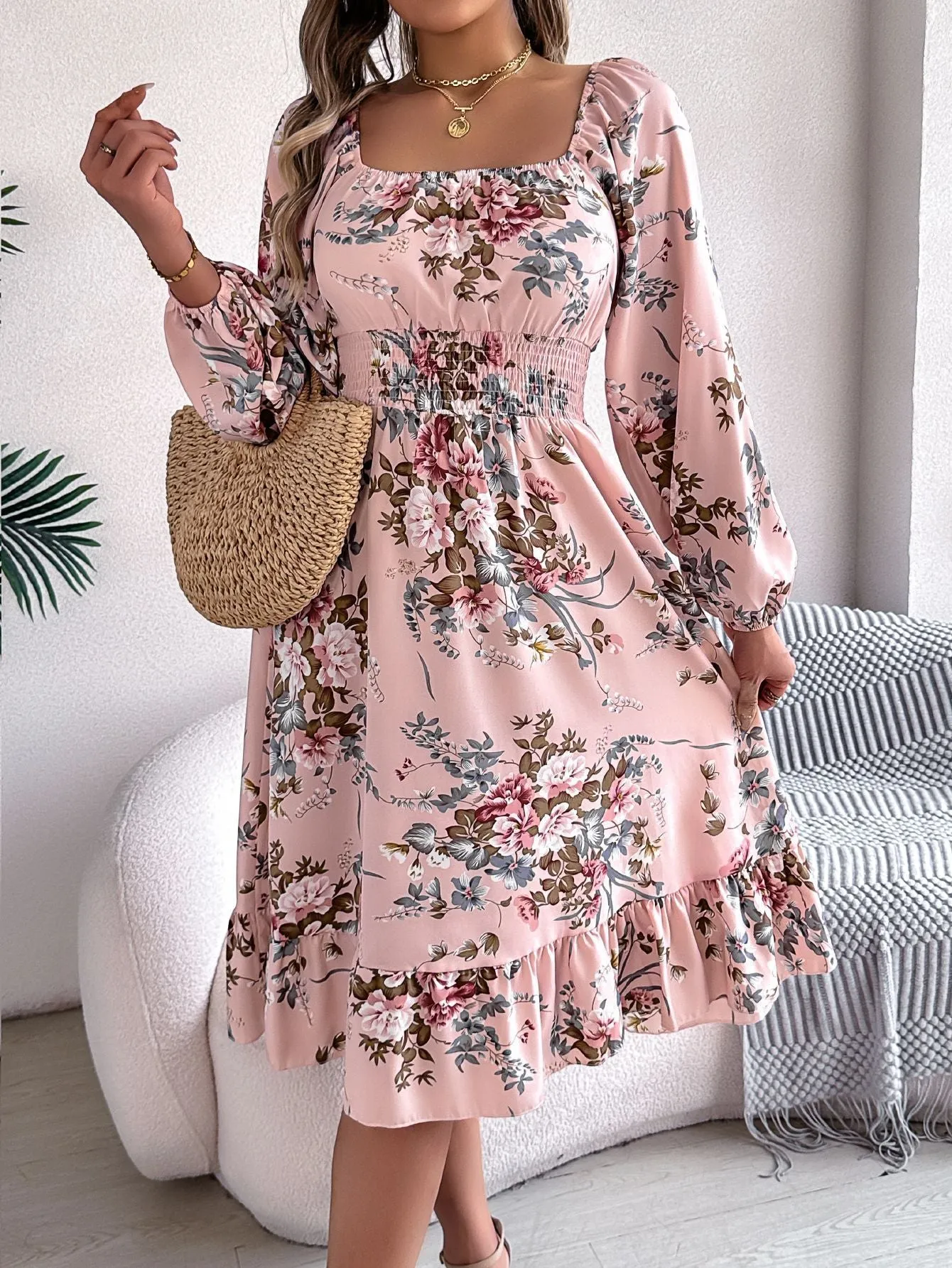 Square collar long sleeve A-line midi dress with ruffles, waist trimming, stretch polyester fabric, brown colour, front view