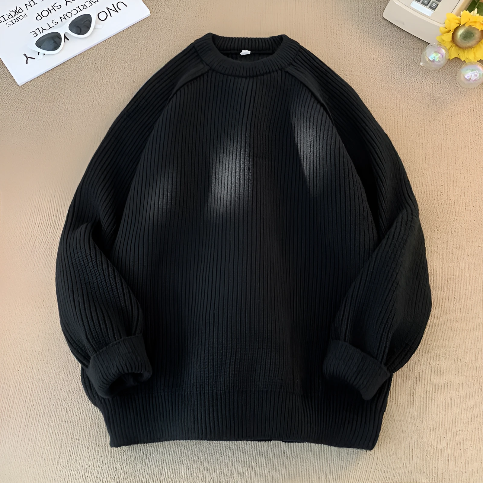 Men's solid colour loose pullover sweater in black 100% polyester long sleeves casual top