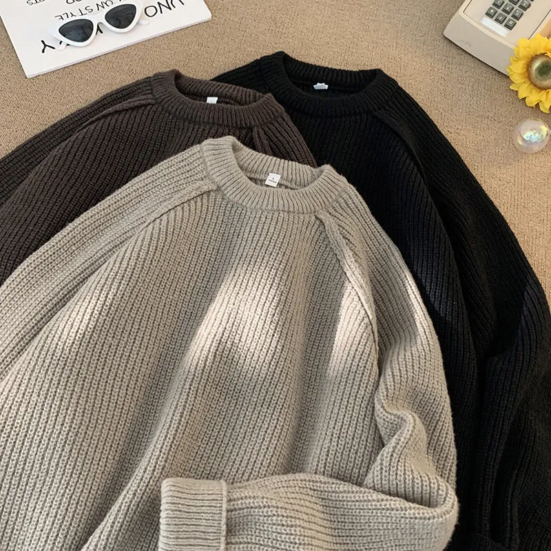 Men's solid colour loose pullover sweater in black 100% polyester long sleeves casual top