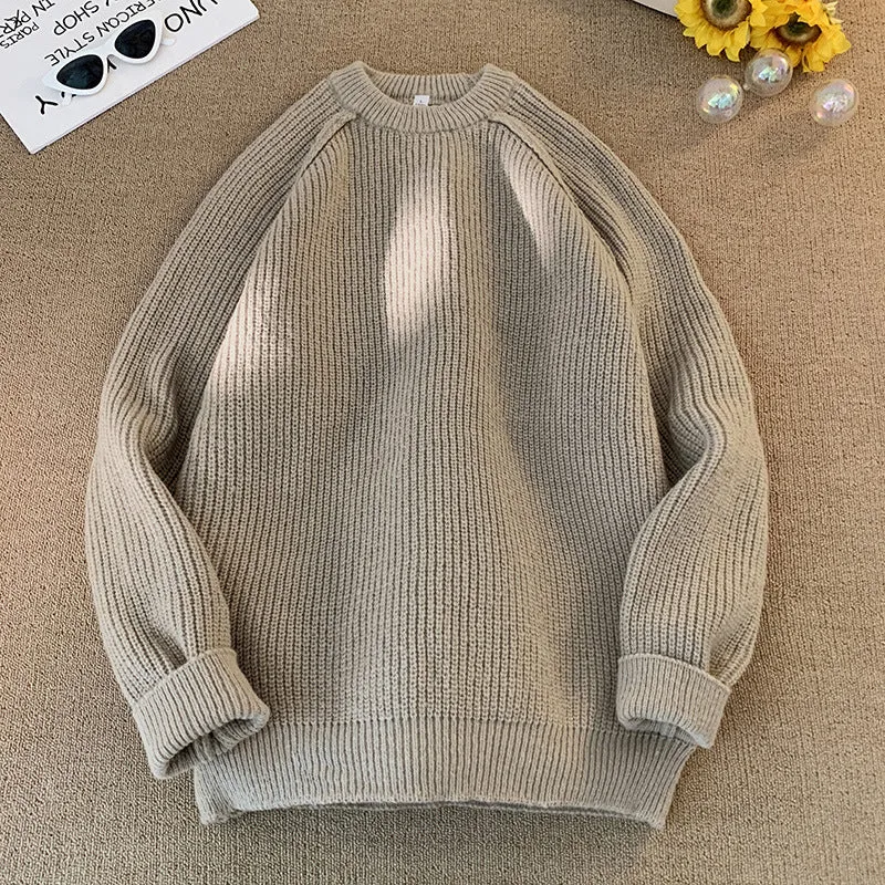 Men's solid colour loose pullover sweater in black 100% polyester long sleeves casual top