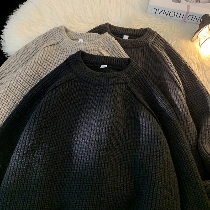 Men's solid colour loose pullover sweater in black 100% polyester long sleeves casual top