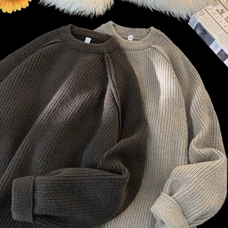 Men's solid colour loose pullover sweater in black 100% polyester long sleeves casual top