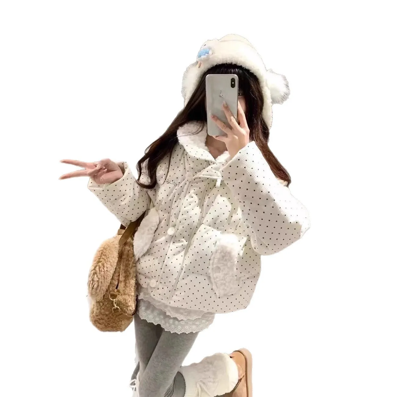 Thickened beige cotton-padded coat with fur collar and striped pattern for women
