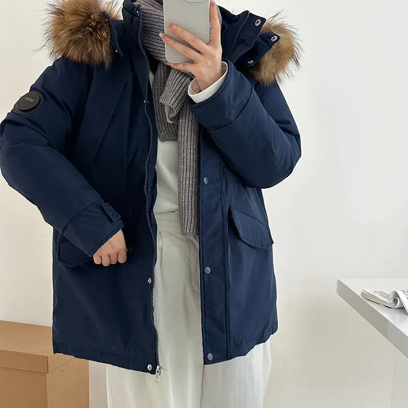 Women's mid-length hooded loose cotton-padded coat with fur collar in black