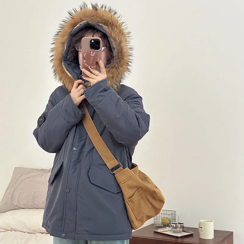 Women's mid-length hooded loose cotton-padded coat with fur collar in black