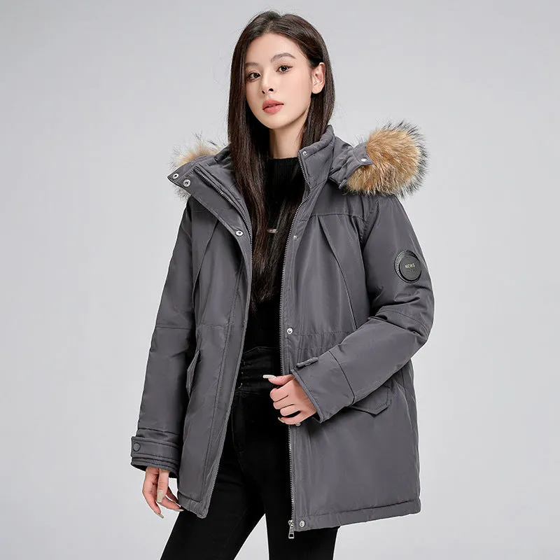 Women's mid-length hooded loose cotton-padded coat with fur collar in black