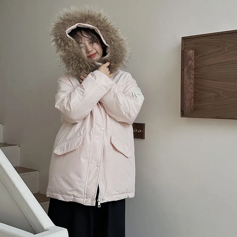 Women's mid-length hooded loose cotton-padded coat with fur collar in black