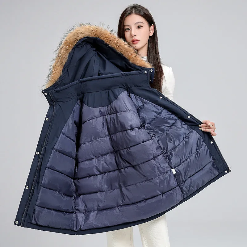 Women's mid-length hooded loose cotton-padded coat with fur collar in black