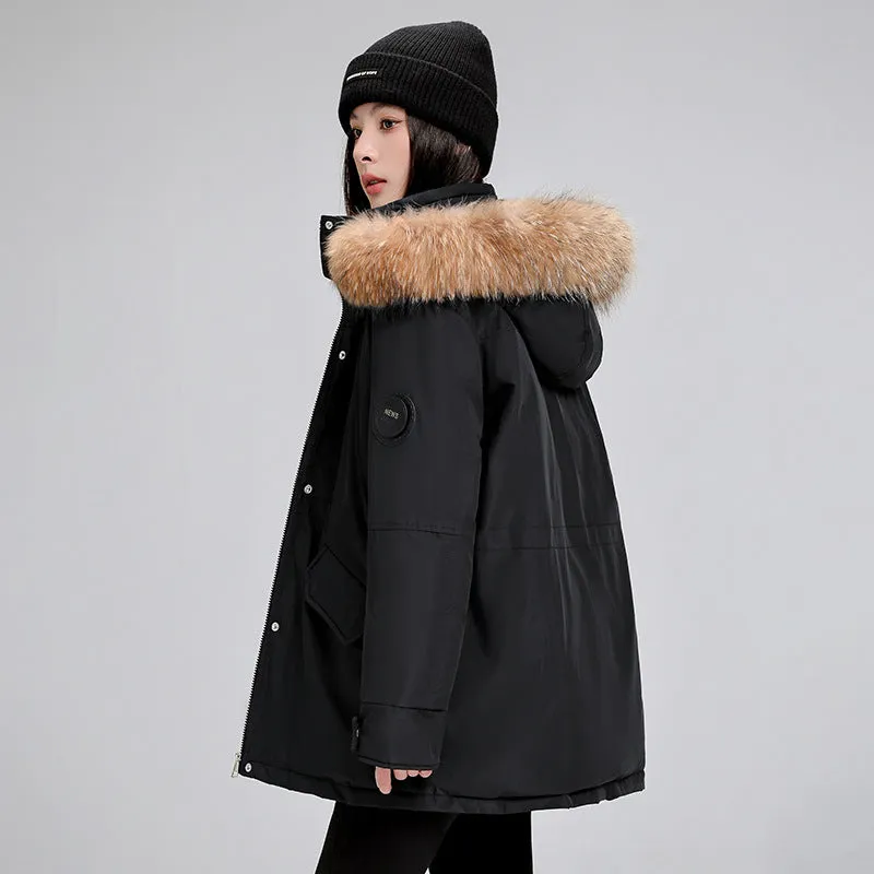 Women's mid-length hooded loose cotton-padded coat with fur collar in black