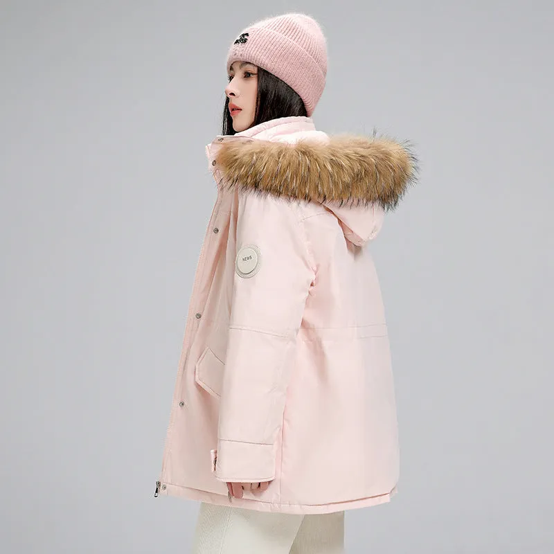 Women's mid-length hooded loose cotton-padded coat with fur collar in black