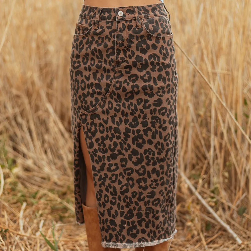 Women's leopard print high waist slit denim skirt in brown, mid-length, side seam detail, size S-XL