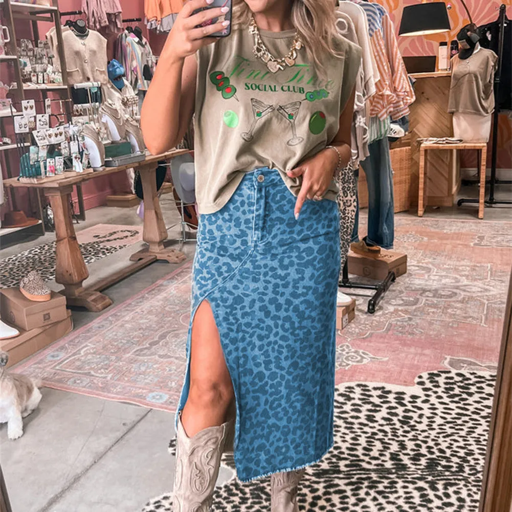 Women's leopard print high waist slit denim skirt in brown, mid-length, side seam detail, size S-XL