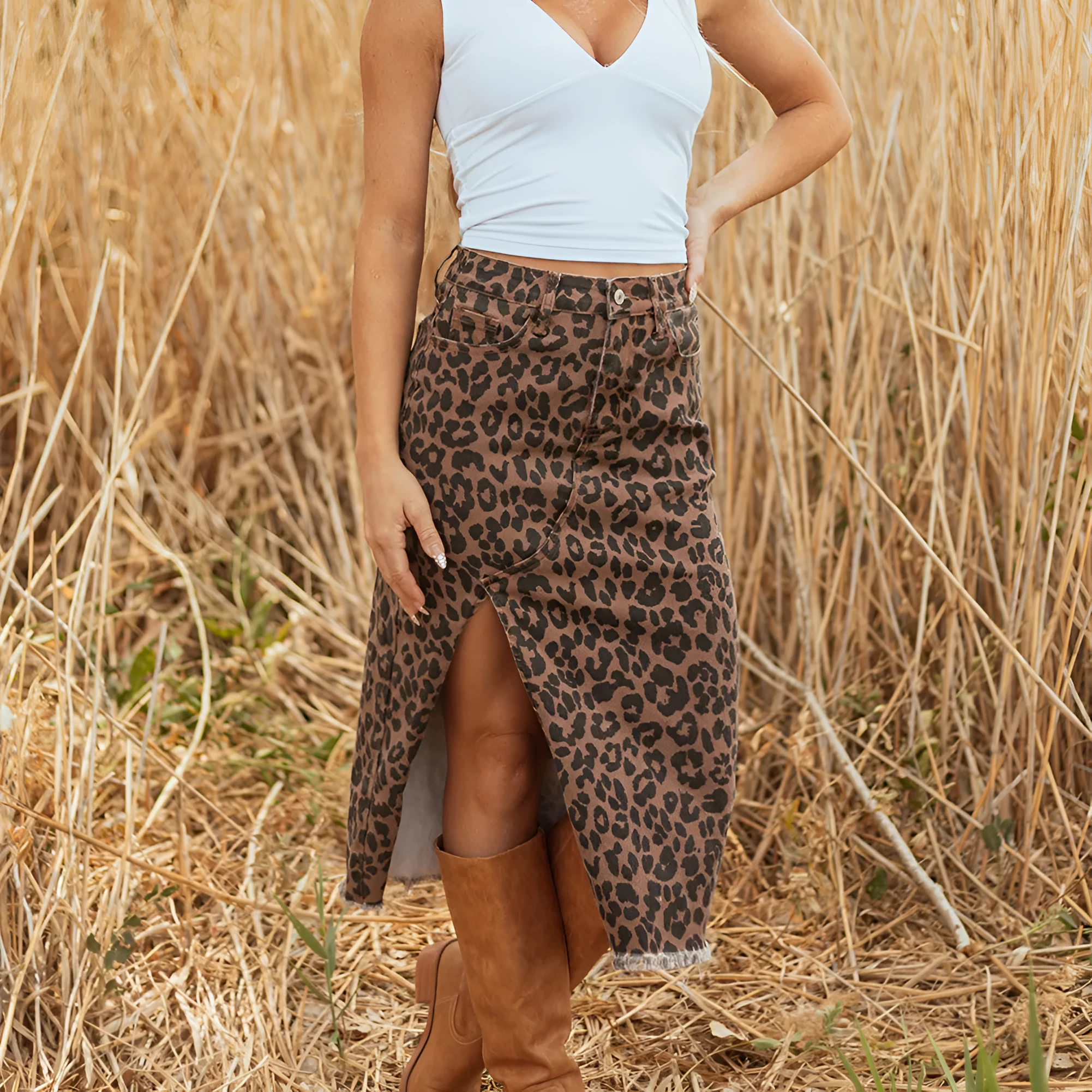Women's leopard print high waist slit denim skirt in brown, mid-length, side seam detail, size S-XL