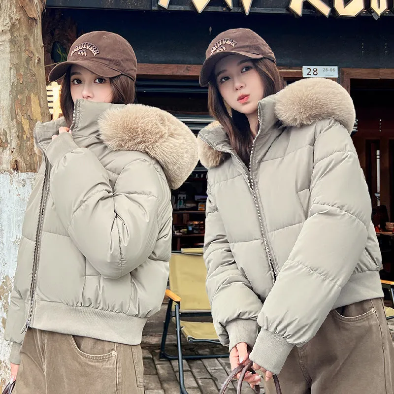 Women's polyester big fur collar loose coat in beige with hood and thickened warm design