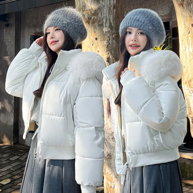 Women's polyester big fur collar loose coat in beige with hood and thickened warm design