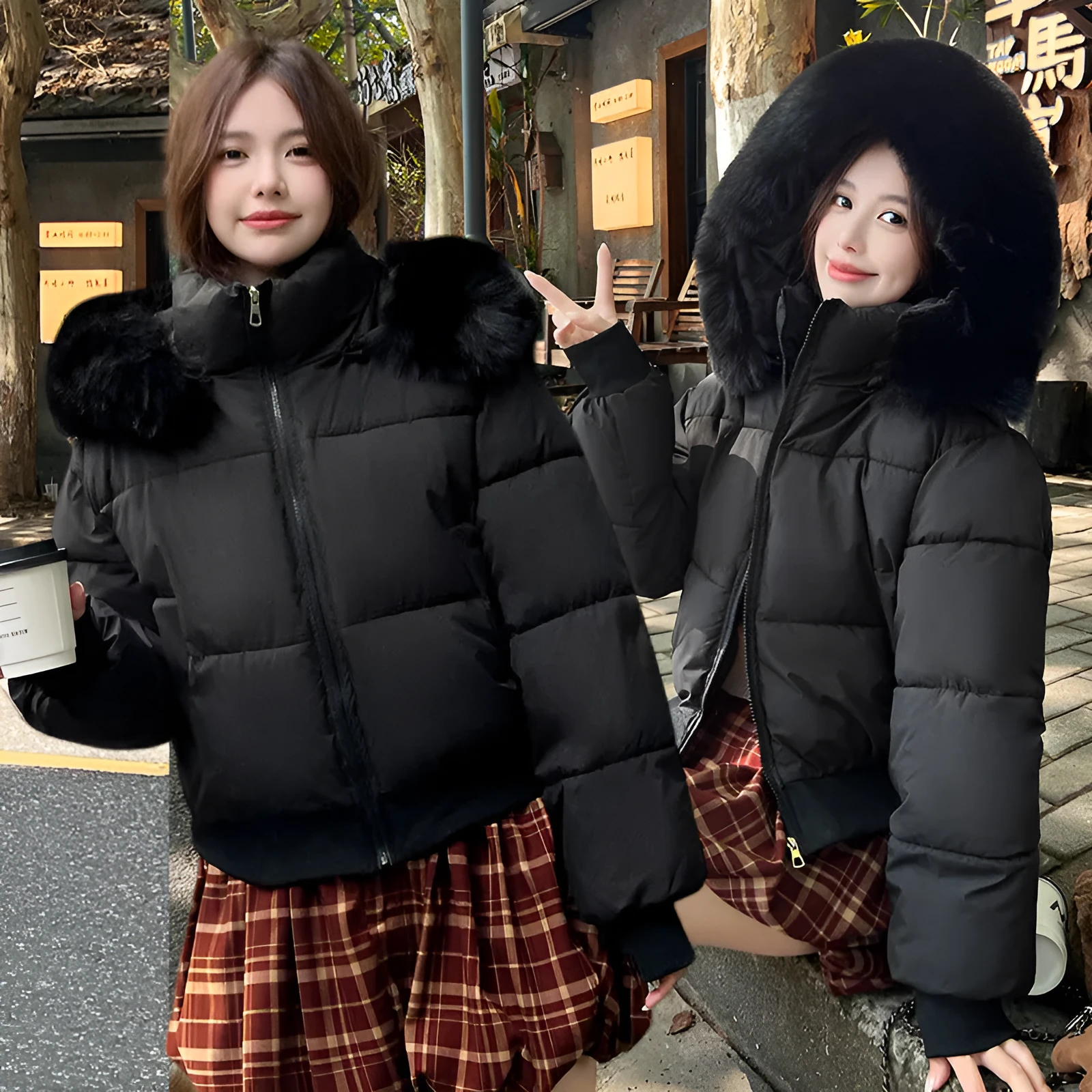 Women's polyester big fur collar loose coat in beige with hood and thickened warm design