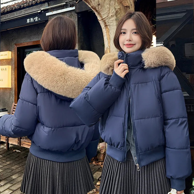 Women's polyester big fur collar loose coat in beige with hood and thickened warm design