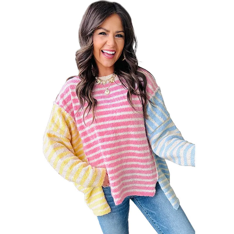 Women's casual striped acrylic long sleeve round neck pullover sweater in LC2726501-P22 colour, front view